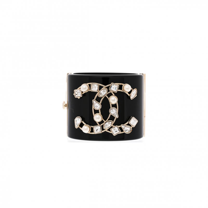 (image for) CHANEL RESIN CRYSTAL PEARL CC CUFF BLACK BRACELET