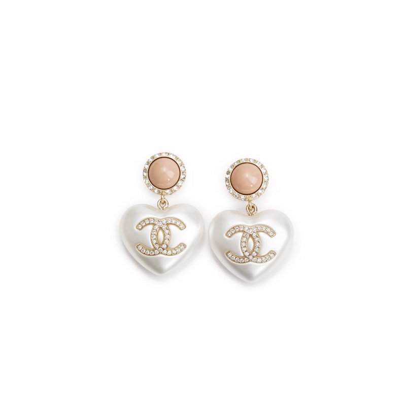 (image for) CHANEL GOLD PLATED FAUX PEARL STRASS CC HEART DROP EARRINGS
