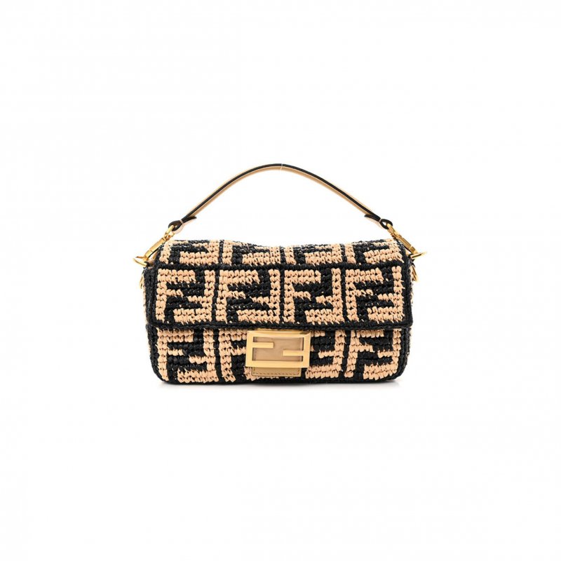 (image for) FENDI RAFFIA VITELLO GRACE FF CROCHET BAGUETTE NATURAL BLACK PAGLIA (27*15*6cm)