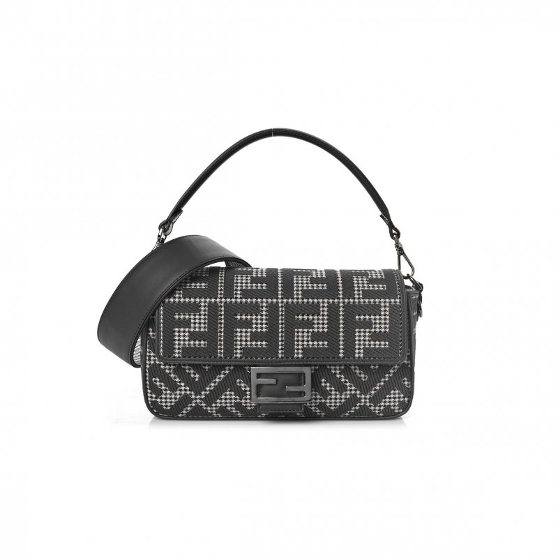 (image for) FENDI WOOL VITELLO KING HOUNDSTOOTH FF EMBROIDERED BAGUETTE GRIGIO ANTHRACITE (27*17*6cm)