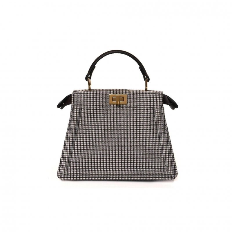 (image for) FENDI WOOL FABRIC JACQUARD CUOIO HOUNDSTOOTH FF 1974 PETITE PEEKABOO I SEE U SATCHEL GREY BLACK (20*15*11cm)