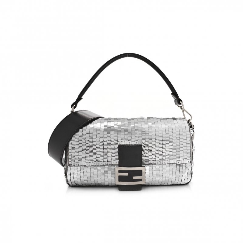(image for) FENDI SEQUIN PAILLETTES CAPRETTO LUCIDO BAGUETTE ARGENTO MORO (27*15*6cm)