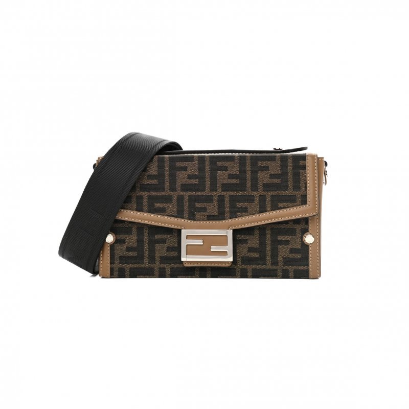 (image for) FENDI RECYCLED FABRIC JACQUARD VITELLO KING FF 1974 BAGUETTE SOFT TRUNK TOBACCO MORO SAND (21*15*6cm)