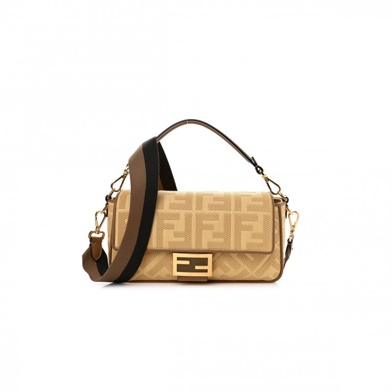 (image for) FENDI RAFFIA VITELLO KING LUCIDO FF EMBROIDERED BAGUETTE GRANO SAND (28*15*6cm)