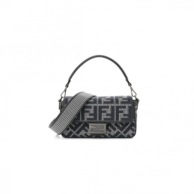(image for) FENDI WOOL VITELLO KING HOUNDSTOOTH FF EMBROIDERED BAGUETTE GRIGIO ANTHRACITE (27*17*6cm)