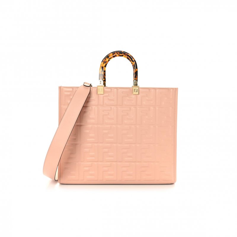 (image for) FENDI VITELLO PLEXIGLASS FF EMBOSSED MEDIUM FENDI SUNSHINE SHOPPER TOTE BABY PINK (36*31*16cm)