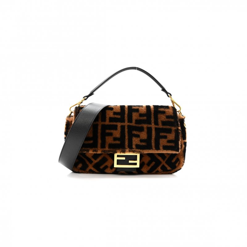 (image for) FENDI SHEARLING VITELLO DOLCE MACRO FF 1974 BAGUETTE TOBACCO BLACK (27*15*6cm)